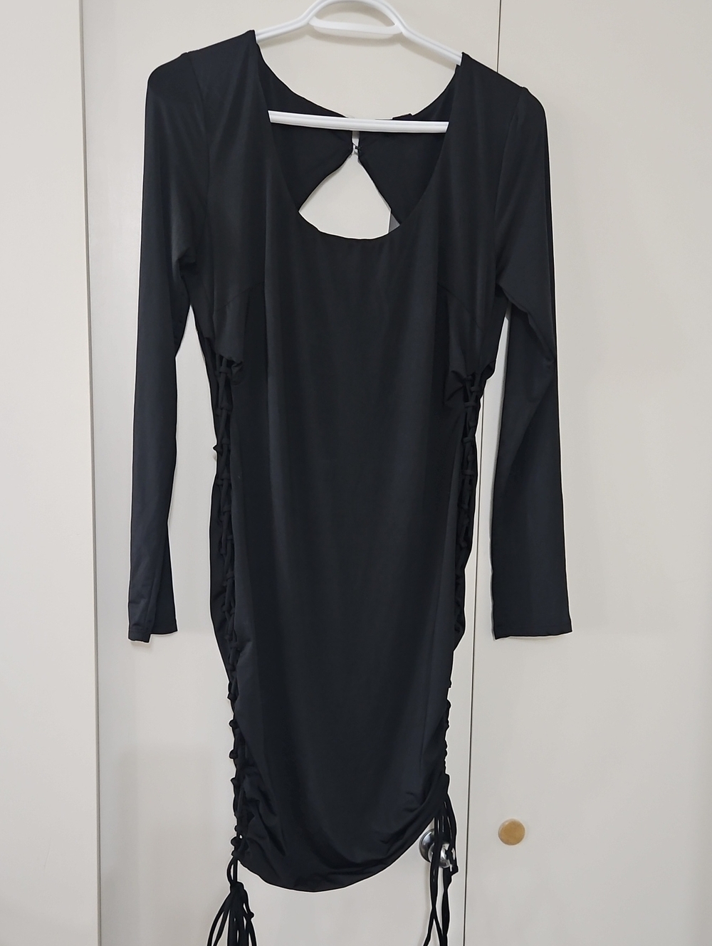 Revamped Size Large Black Long-Sleeve Ruched Side Dress